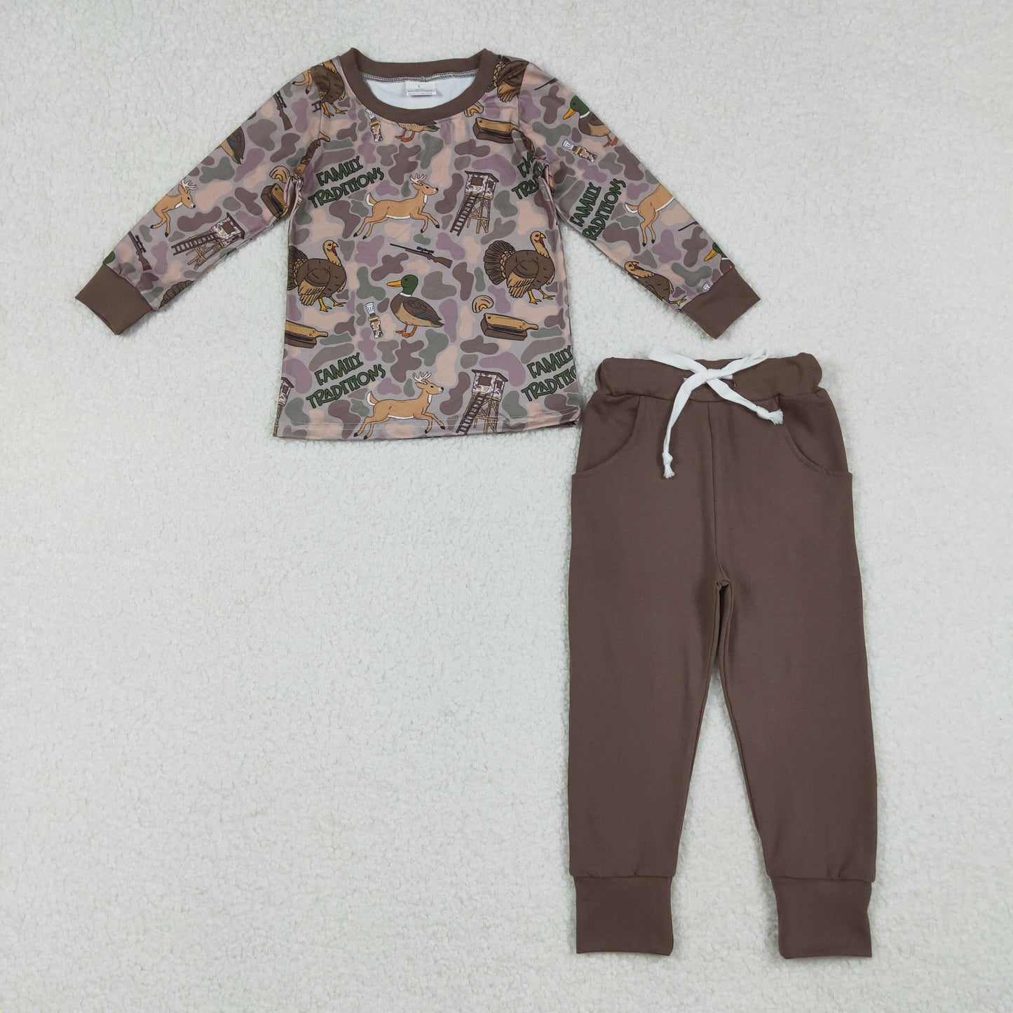 RTS NO MOQ（In Stock) BLP1178 Brown long-sleeved duck camouflage pantsuit