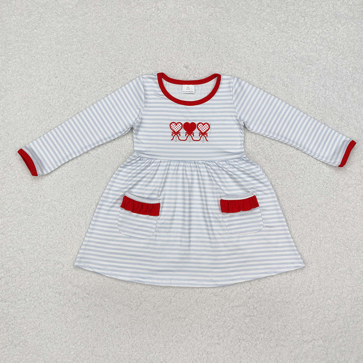 RTS NO MOQ Baby Girls and Boys Embroidered Valentine's Day Hearts Light Blue Striped Mixed Set