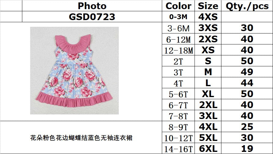 RTS no moq GSD0723 Flower pink lace bow blue sleeveless dress