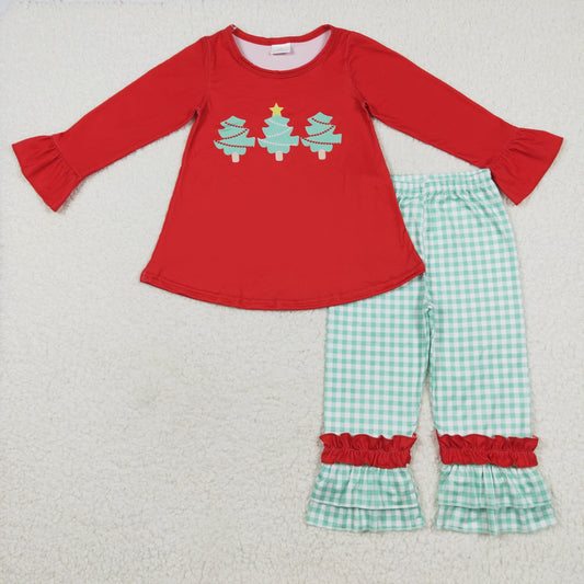 rts no moq GLP1331 Christmas Tree Red Long Sleeve Green Plaid Lace Pants Set