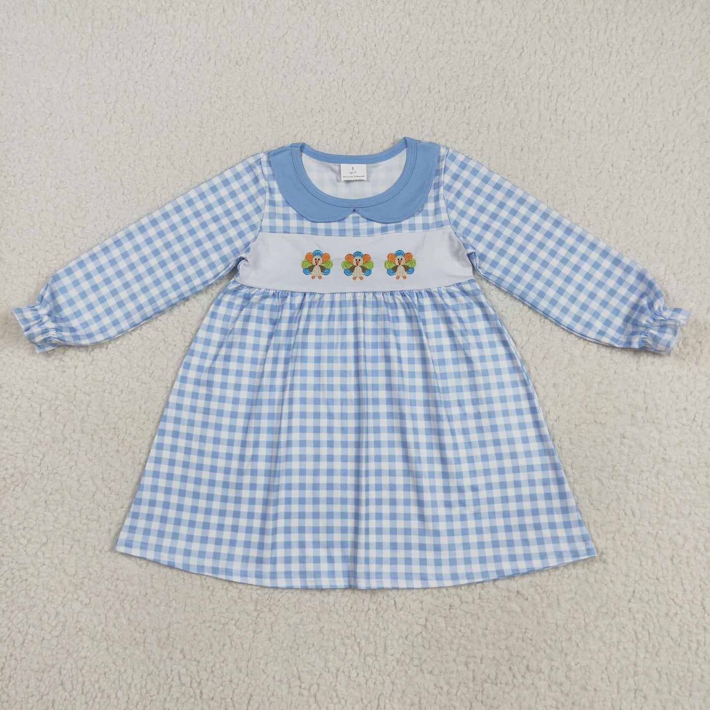 RTS NO MOQ（In Stock) GLD1070 Embroidered Turkey Blue Plaid Doll Collar Long Sleeve Dress