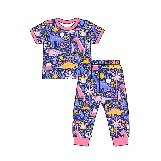 custom moq 5 eta 5-6weeks baby girls clothes dinosaur pink short sleeve grid Pants Sets