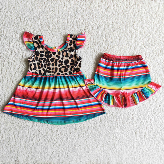 A1-3 Girls small flying sleeves leopard print color striped shorts suit