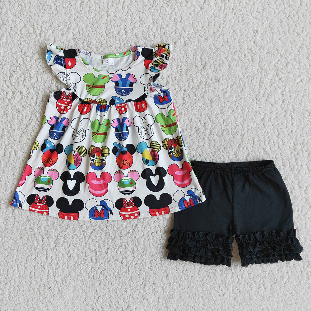 A11-16 Girl little flying sleeve cartoon black shorts suit