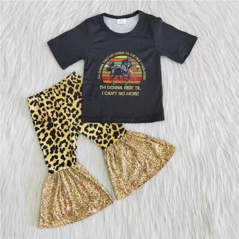 A13-14-1 Black horse short-sleeved top and leopard print bell bottoms suit