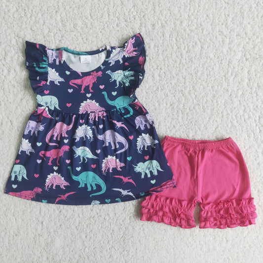 A13-16 Girls Dinosaur Rose Red Shorts Suit