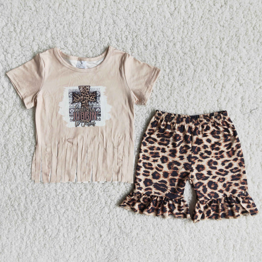 A16-11 Girls Cross Tassel Leopard Print Shorts Set