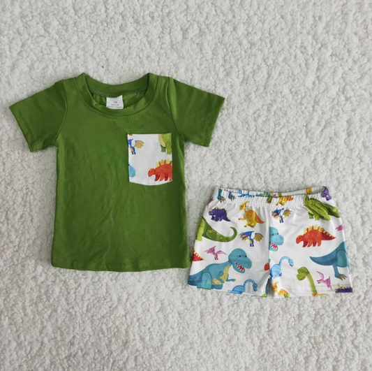 A16-12 Boys Pocket Short Sleeve Dinosaur Shorts Set