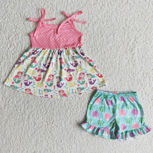 A16-9-2 Girls suspender mermaid shorts set