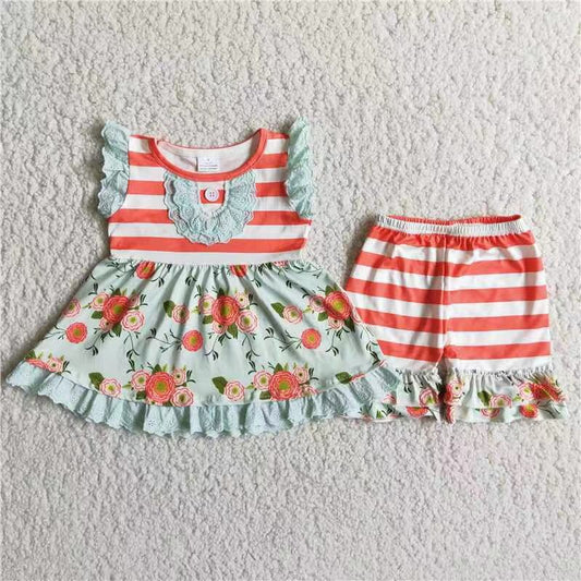 A17-3 Orange striped floral sleeveless top striped shorts