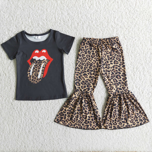 A3-16 Black short-sleeved leopard print pants with mouth pattern