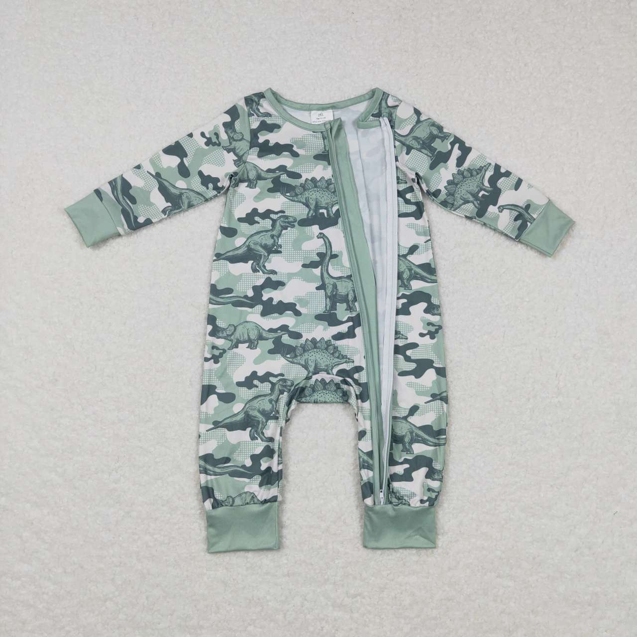 LR0718 Dinosaur dark green zippered long-sleeved jumpsuit