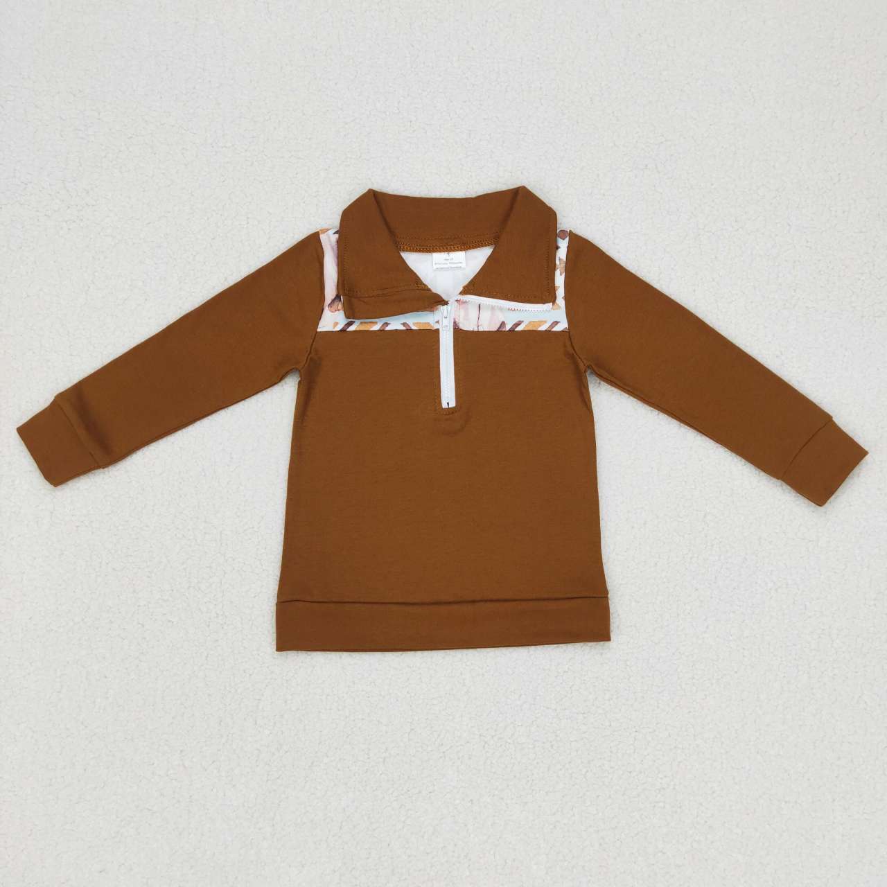 RTS NO MOQ ETA 5/7days Arrived BT0348 Alpine Bull Arrow Geometric Brown Zip Long Sleeve Top