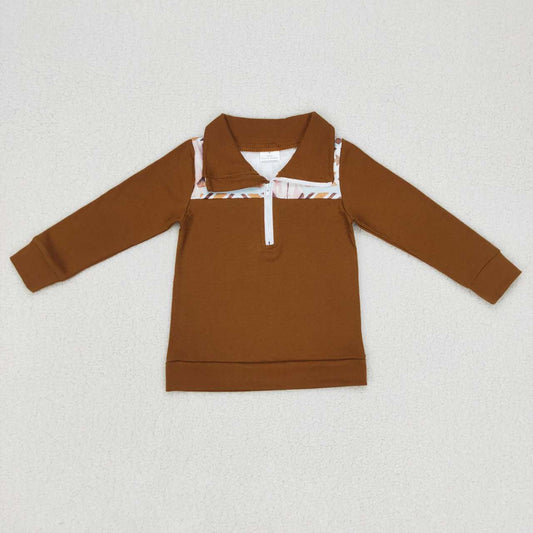 RTS NO MOQ ETA 5/7days Arrived BT0348 Alpine Bull Arrow Geometric Brown Zip Long Sleeve Top