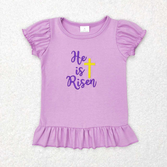 GT0393 he is risen purple lantern sleeve short-sleeved top with embroidered cross