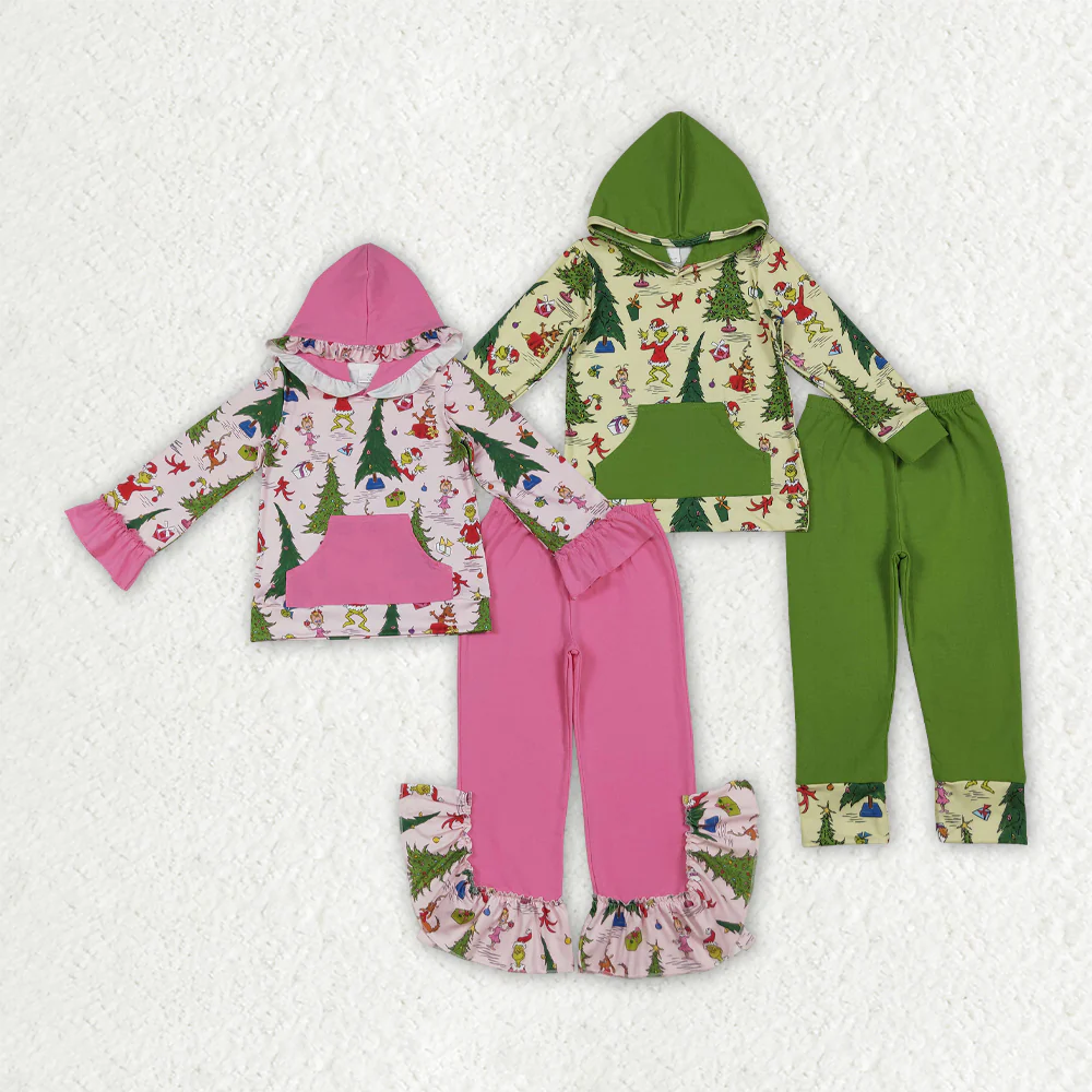 12/18m-7/8t RTS NO MOQ cartoon Christmas tree green pocket hooded long-sleeved trouser set