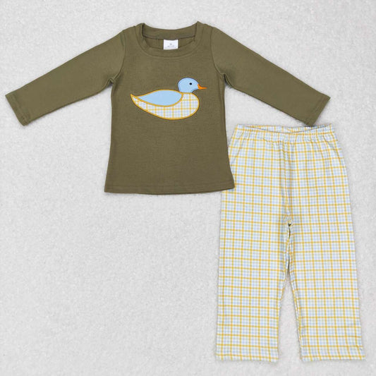 BLP0335 Embroidered Duck Green Long Sleeve Blue Plaid Pants Suit