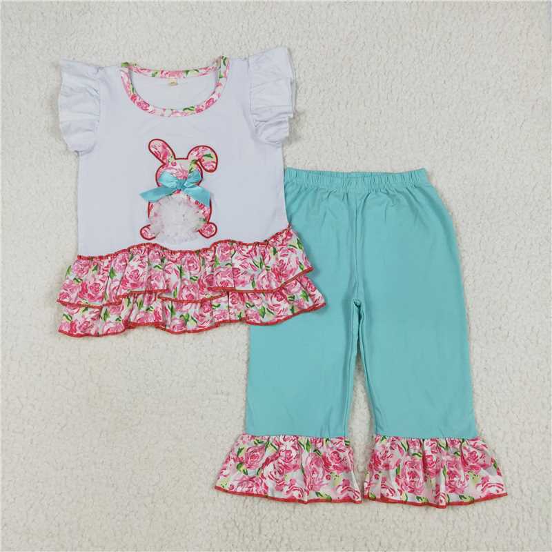 RTS NO MOQ ETA 5/7days arrived A9-1 White bunny embroidered top and green pants