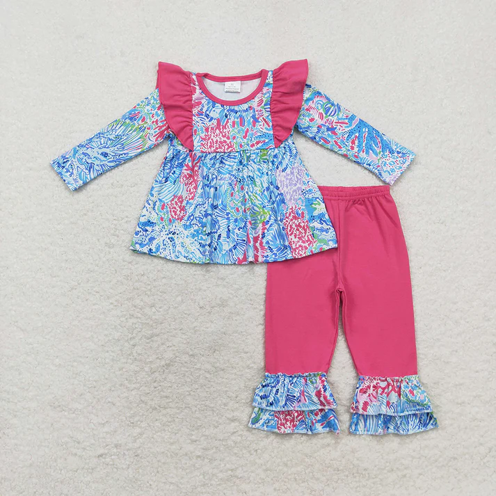 RTS NO MOQ  print  Baby Girls Pink Seaweed Sibling Rompers Clothes Sets