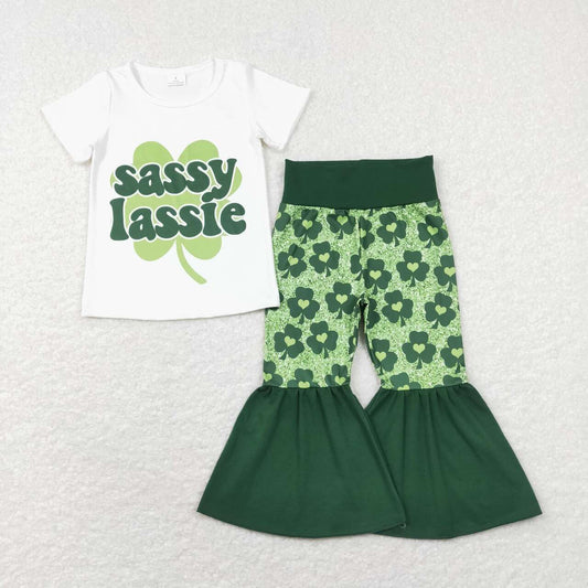 GSPO1029 sassy lassie letter white short-sleeved love four-leaf clover green trousers suit