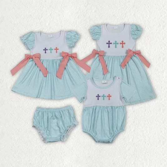 RTS NO MOQ Sibling baby girl clothes embroidery easter short sleeve briefs sets & dress and romper