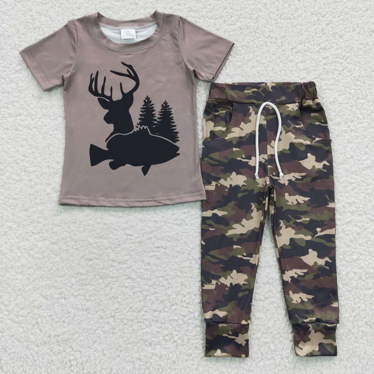 BSPO0108 Boys Deer Fish Hunting Camouflage Short Sleeve Trousers Set