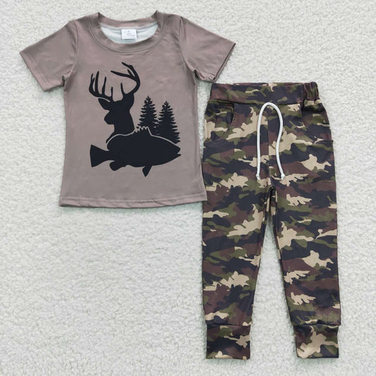 BSPO0108 Boys Deer Fish Hunting Camouflage Short Sleeve Trousers Set