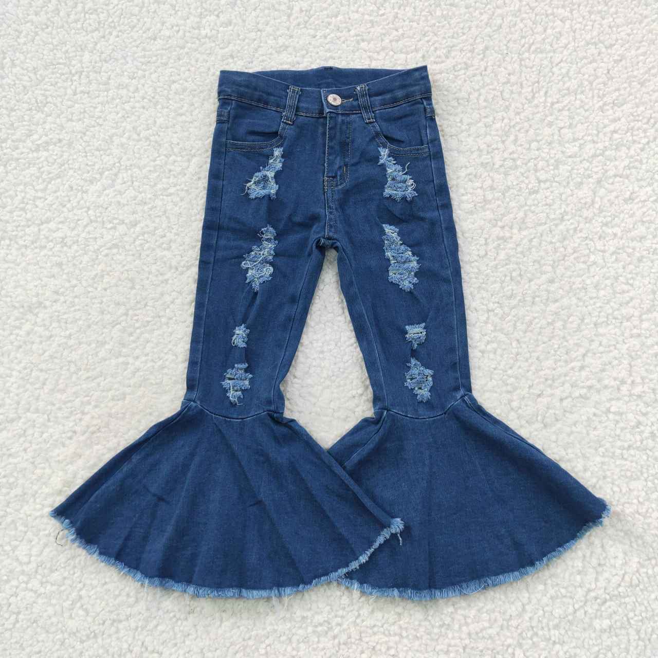 P0133 Blue Ripped Denim Flare Trousers