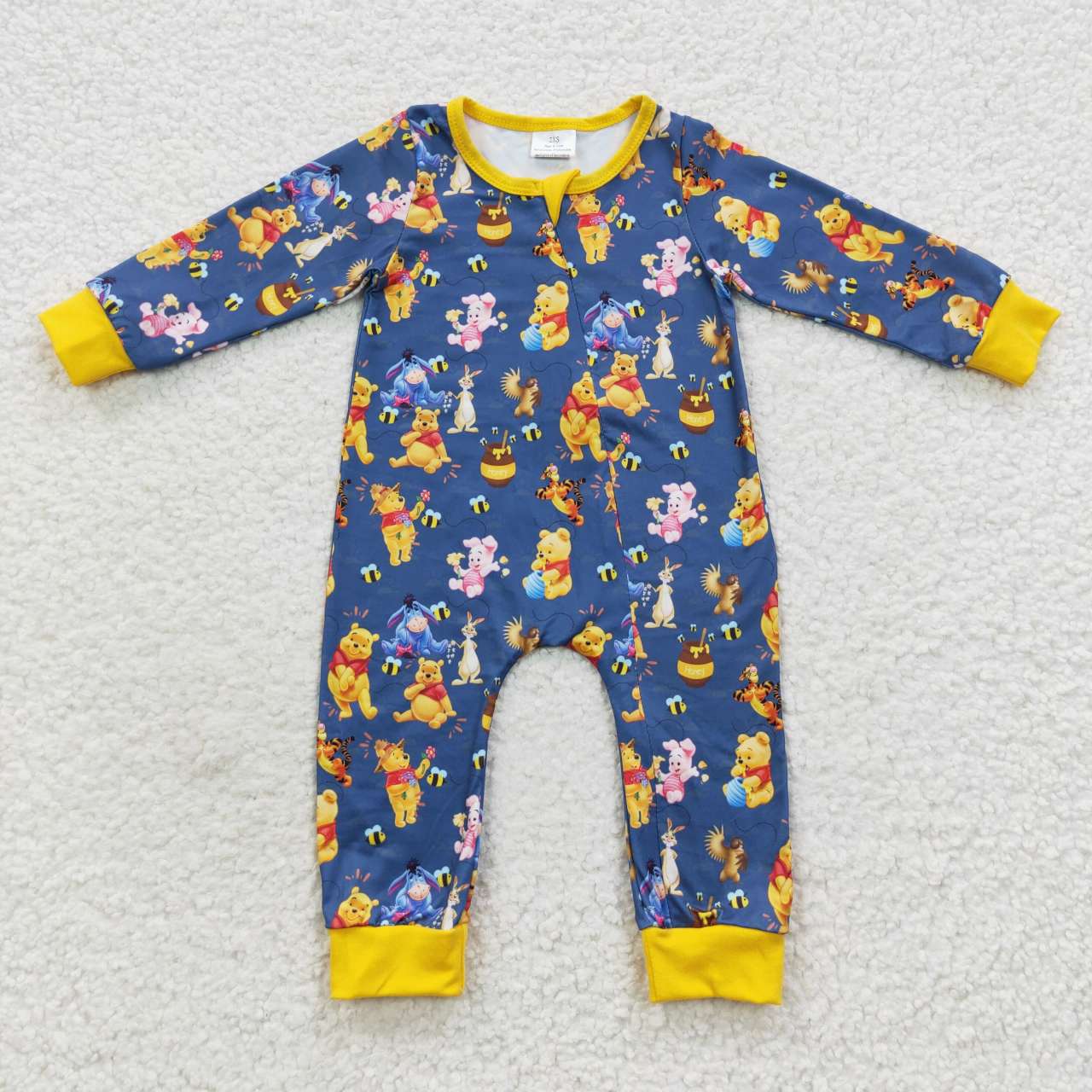 LR0347 Cartoon Winnie the Pooh Blue and Yellow Zipper Long Sleeve Bodysuit