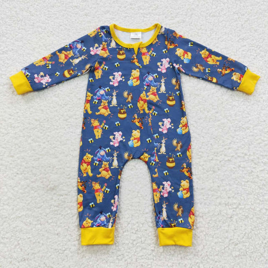 LR0347 Cartoon Winnie the Pooh Blue and Yellow Zipper Long Sleeve Bodysuit
