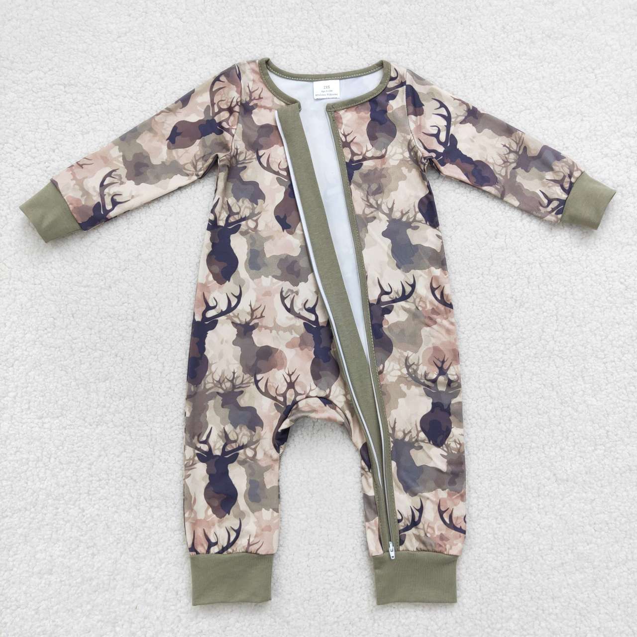 LR0662 Elk Army Green Camouflage Zip Long Sleeve Jumpsuit