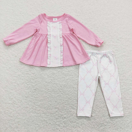 GLP1134 Bow pink long sleeve white pants suit