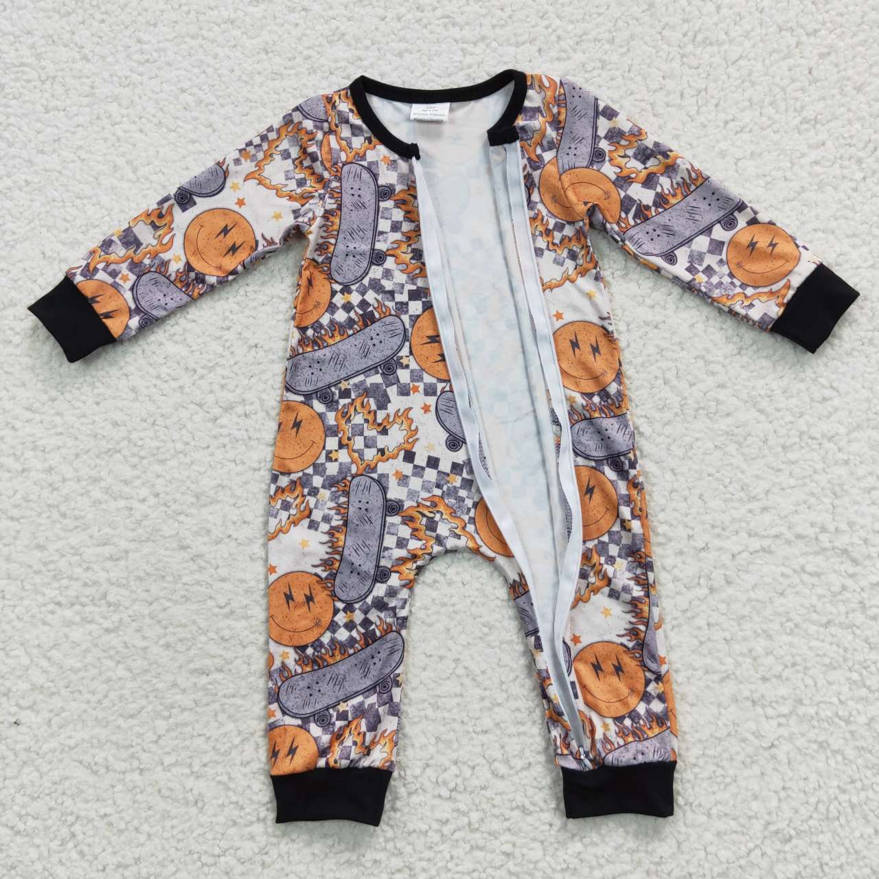 LR0305 Smiley Skateboard Plaid Zipper Long Sleeve Bodysuit