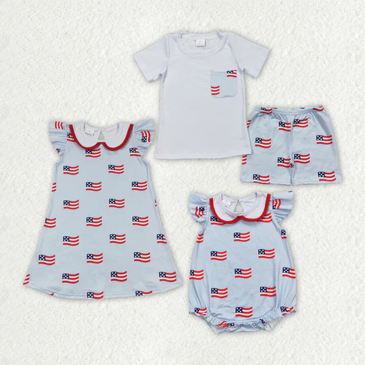 RTS Baby Boys Girls 4th Of July Flags Sibling Rompers Clothes Sets