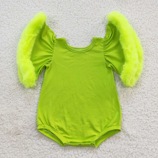 SR0413 Green Fleece Lace Bell Sleeve Short Sleeve Bodysuit