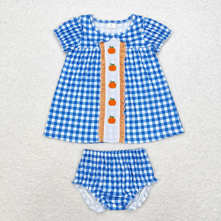 RTS NO MOQ Eta 5/days  Girls Boys Blue Pumpkins Dresses Rompers embroidery Fall Clothes Sets