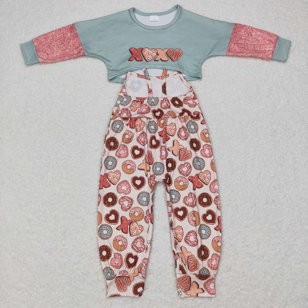 GLP0899 xoxo Letter Donut Pink Long Sleeve Suspender Jumpsuit Pants Suit