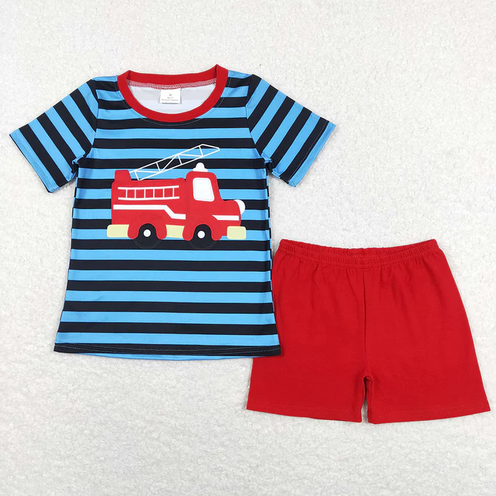 RTS Baby Boys Short Sleeve Firetruck Shirts Shorts Rompers Brother Clothes Sets