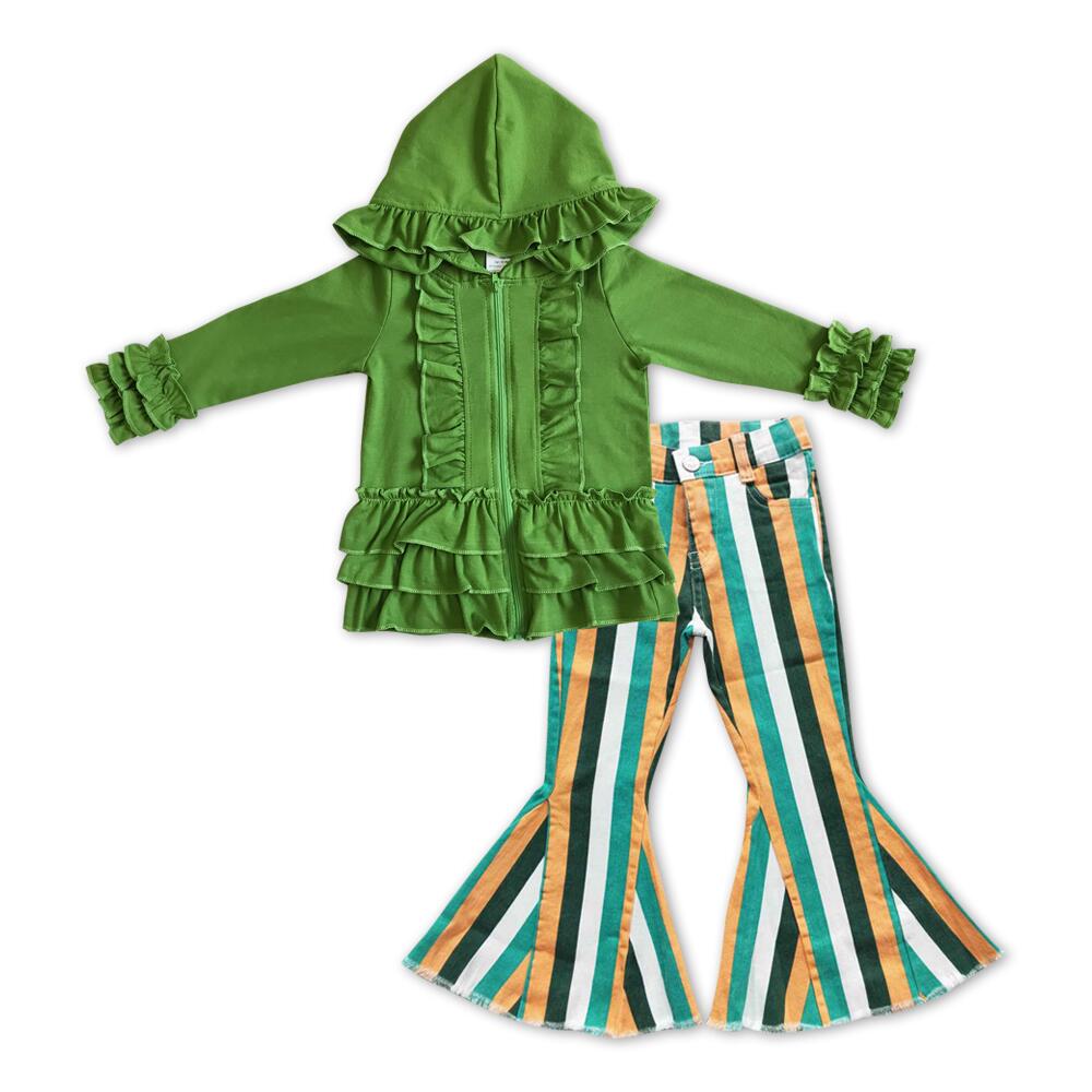 GT0017 Girls Green Hooded Zip Long Sleeve Jacket+P0131 Green orange striped denim trousers