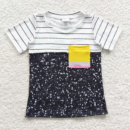 BT0235 Back to School Striped Yellow Pink Gray Contrast Pocket Black and White Short Sleeve Top