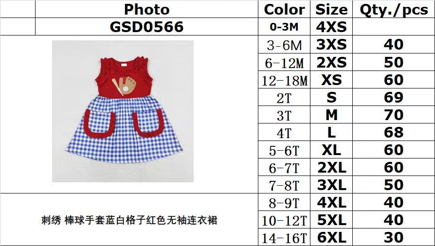 GSD0566 Embroidered baseball glove blue white plaid red sleeveless dress