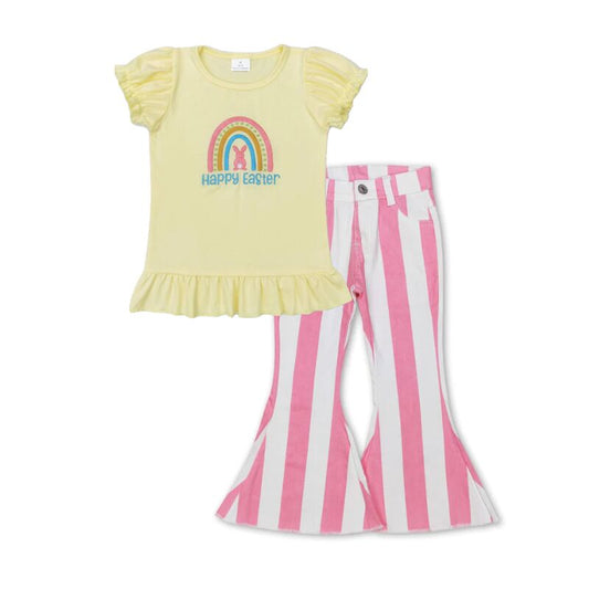 P0315 Pink and white striped denim trousers+GT0392 happy easter embroidered letter bunny rainbow yellow lantern sleeve short sleeve top