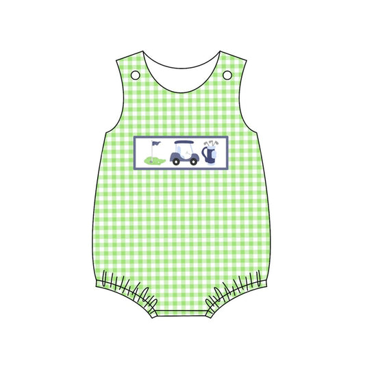 plaid summer romper rts no moq print  SR1227 Golf sightseeing car green plaid vest one piece