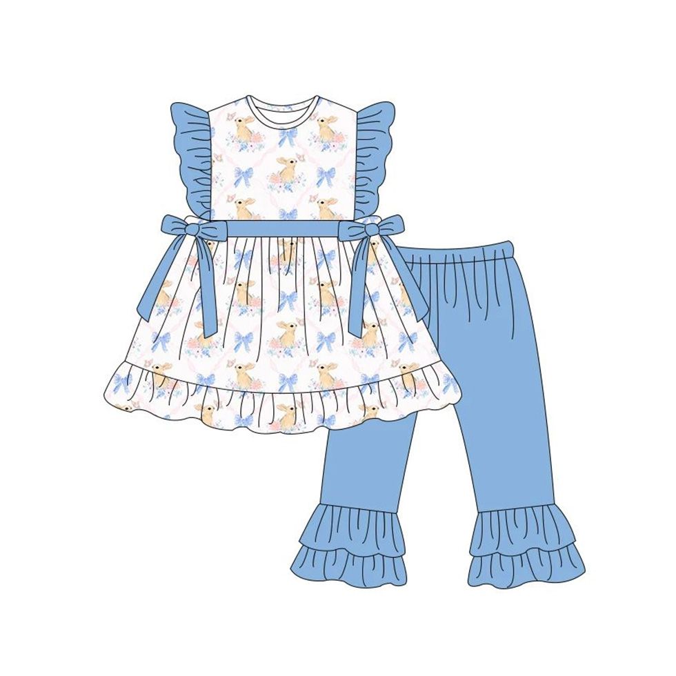 GSPO1113 Rabbit flower bow blue lace short-sleeved trousers suit custom moq 3 eta 6-7weeks