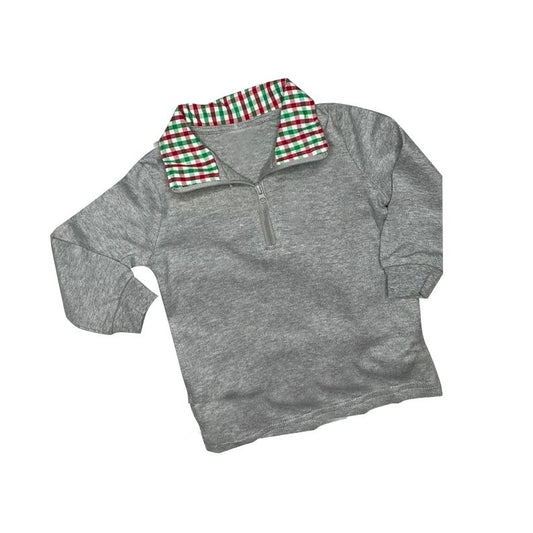 Red and Green Plaid Neck Gray Zipper Long Sleeve Top