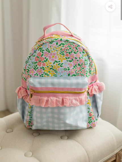 Flower pink lace light blue plaid backpack