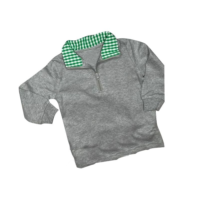 Green Plaid Neck Gray Zip Long Sleeve Top