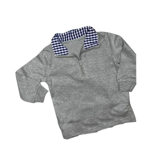 Blue And White Plaid Neck Gray Zipper Long Sleeve Top