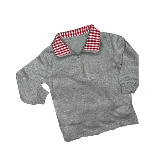 Red Plaid Neck Gray Zip Long Sleeve Top