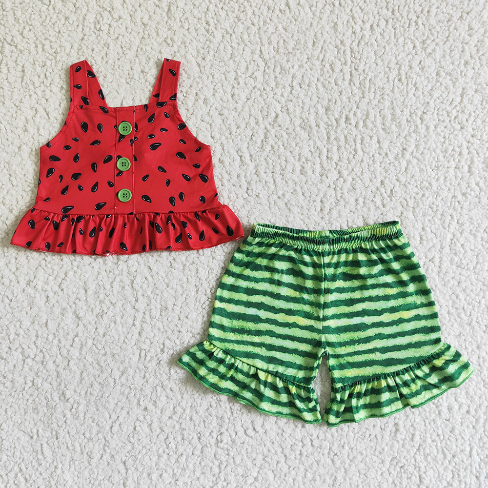 B0-28 Watermelon Button Top Striped Shorts Set